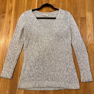 Gray and White Marled V-Neck Tunic Sweater, Cotton Blend